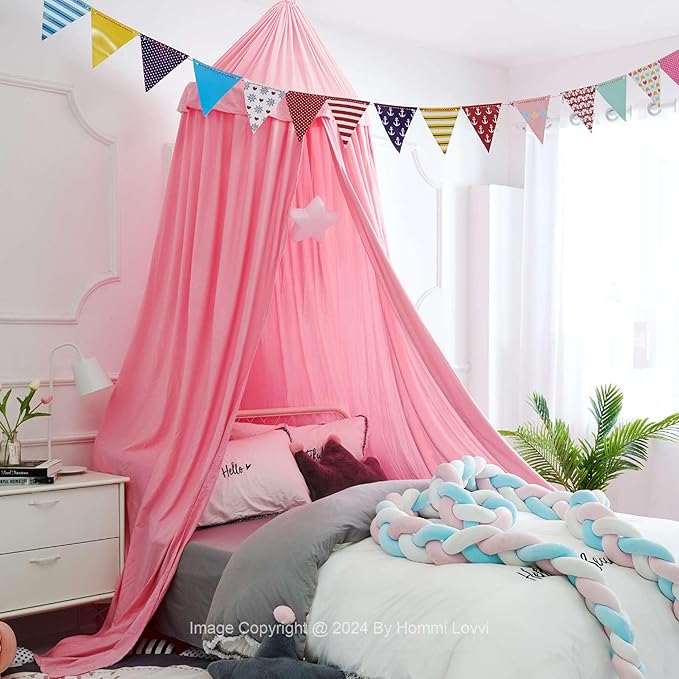 Bed Canopy for Girls, Dreamy Frills Ceiling Hanging Princess Canopy Bedroom Decoration Soft Canopy Net Reading Nook, Extra Large Full Queen Size Bed Canopies - Pink