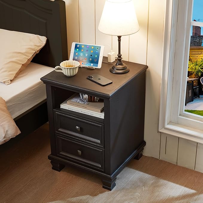 SAVOR LIFE Farmhouse Side Table with Charging Station, Rustic Black Nightstand,2 Drawers End Table for Living Room,Bedside Table with Open Shelf for Bed Room,Black
