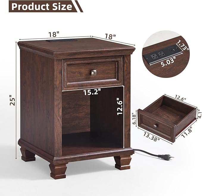 SAVOR LIFE Farmhouse End Tables Living Room Set of 2, Rustic Wood Nightstand with 1 Drawer, Brown Bedside Table with Open Shelf for Bed Room, Side Tables for Living Room, Walnut