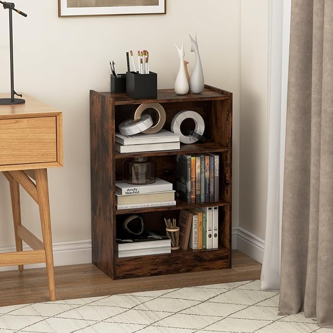 LOKO 3-Tier Open Bookcase, Modern 3-Cube Bookshelf with 18-Position Adjustable Shelves & Anti-toppling Devices, Multipurpose Cubical Display Storage Organizer for Living Room Study (1, Rustic Brown)