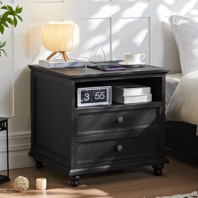 24" Wide Farmhouse Nightstand with Charging Station Set of 2, 45" Tall Rustic Chests of 5 Drawers w/ 4 Solid Wood Feet, Farmhouse Furniture Series for Living Room,Bedroom,Black