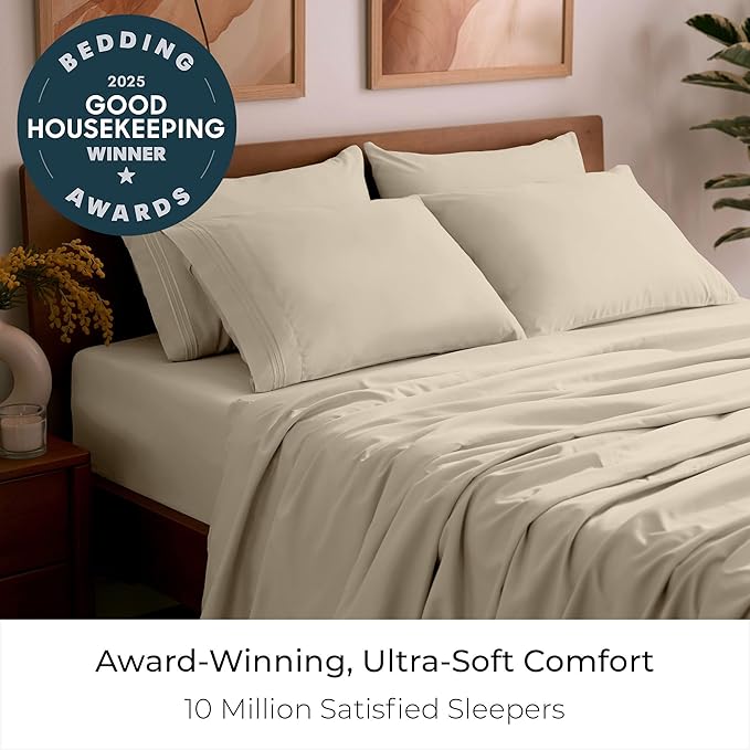 Mellanni California King Sheet Set - 6-Piece Iconic Collection Bedding, (Including 4 Pillowcases), 16-Inch Deep Pocket, Easy Care, Extra Soft, Cooling Sheets, Brushed Microfiber - Beige