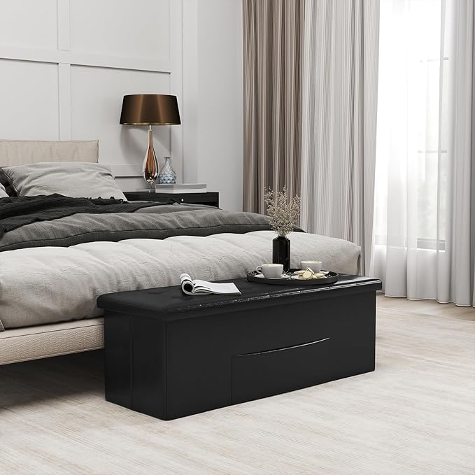 Giantex 43 Inches Folding Storage Ottoman Bench, Upholstered PU Leather Storage Chest with Side Pocket, Padded Seat, End of Bed Bench, Collapsible Ottoman Foot Rest for Living Room, Bedroom & Entryway