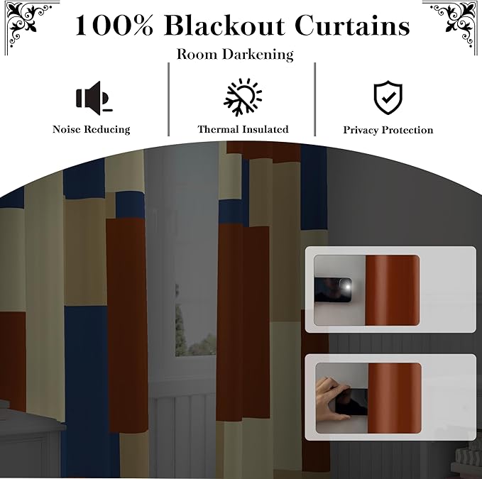 Terracotta Blue 100% Blackout Curtains for Bedroom 63 inch Long 2 Panels Set Modern Abstract Geometric Black Out Curtains Insulated Room Darkening Window Drapes for Living Room, 52Wx63L