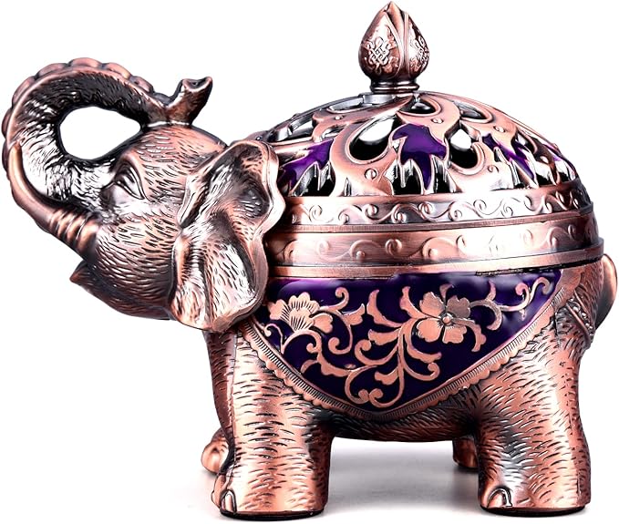 K COOL Metal Backflow Incense Holder Elephant Cone Incense Burner Candle Holder with Lid, Aromatherapy Ornament Home Office Decoration for Indoor Outdoor (Purple)