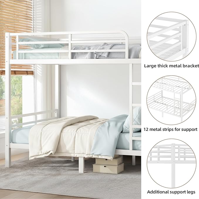 Full Over Full Bunk Bed Frame, Heavy Duty Metal Loft Bed for Adults/Teens, 350/500LB Capacity w/Ladder & Guardrail, Noise-Free Steel Slats, No Box Spring Required, White