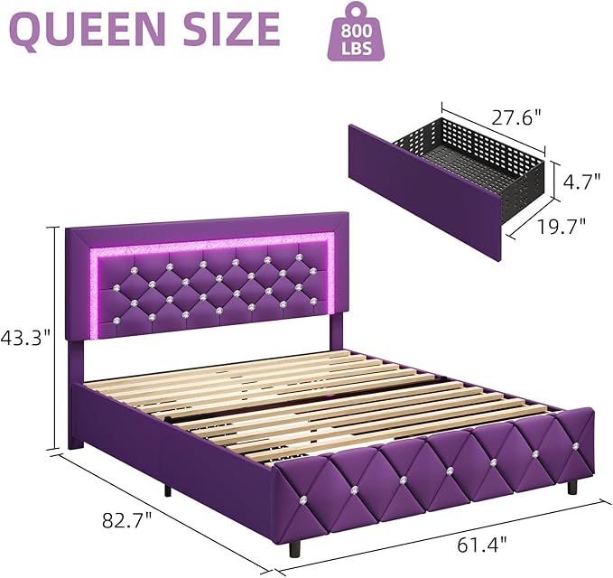 BarnFurin Queen Size Bed Frame with Headboard, Faux Leather Upholstered Bed with Diamond Tufted Design, Mordern Bed Frame with Wooden Slats Suppor, No Box Spring Required, Easy Assembly, Purple