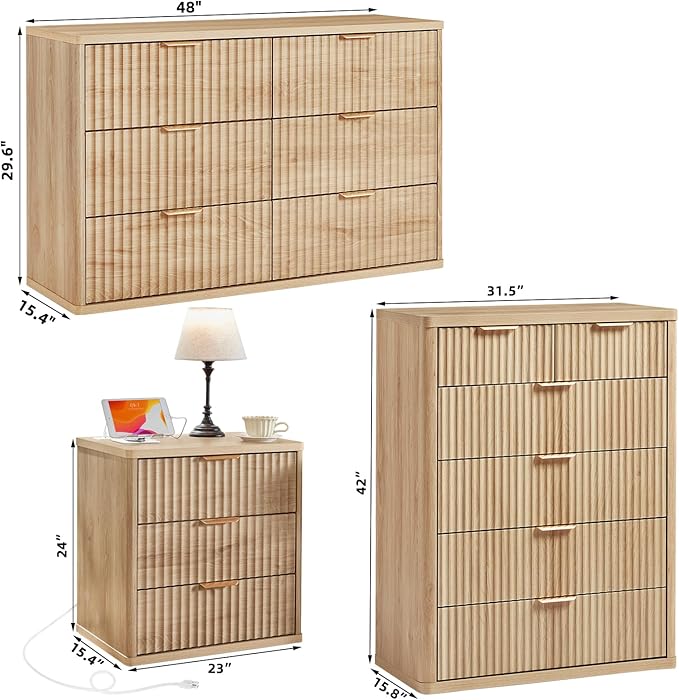 LEYAOYAO Fluted Dressers & Nightstand Set of 3, Wood 48" Wide Dresser & 42" Tall Chest of Drawers,Modern Bedroom Furniture Sets, Natural Wooden Nightstand with 3 Drawers & Charging Station