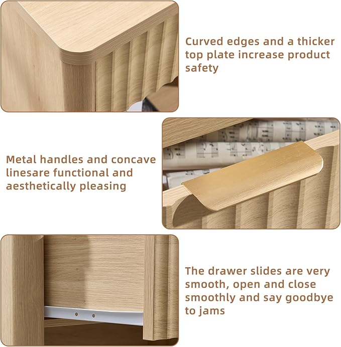 LEYAOYAO 31" Wide Fluted Nightstand Set of 2 with Charging Station, Oversized Extra Large 1 Drawer Night Stand with Golden Handle, Natural Wood Bedside Table Tall End Tables,for Bedroom, Living Room