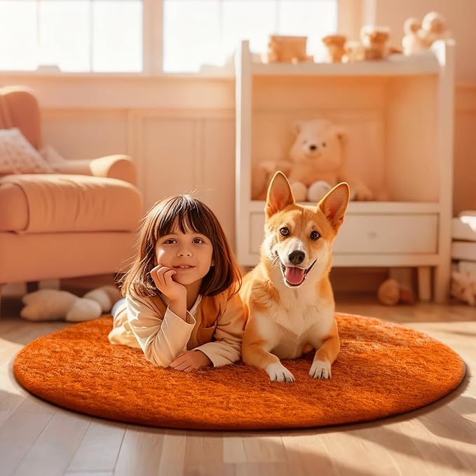 Ophanie Soft Fluffy Shaggy Rugs for Bedroom Living Room Dorm Nursery Home Decor Aesthetic,Color Orange, Size 4' Round