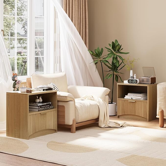 Fluted Nightstand Set of 2, MCM Mid Century Modern Bedside Tables with Drawer and Open Shelf, Minimalist Wood Bedside Table Fluted End Tables for Bedroom, Natural Oak