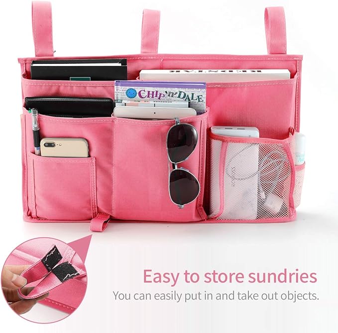 Bseash Bunk Bed Organizer, Bedside Caddy Hanging Bed Organizer Storage Bag 8 Pockets, for College Dorm Rooms Bed, Hospital Bed, Baby Bed Rails, 600D Oxford Cloth (Pink)