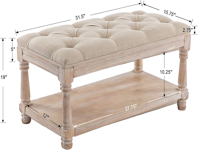 DUOMAY Farmhouse Tufted Storage Ottoman Bench with Shelf, 31.5" Width Linen Upholstered Entryway Shoe Ottoman Foot Stool for Bedroom Living Room Dining Room, Beige