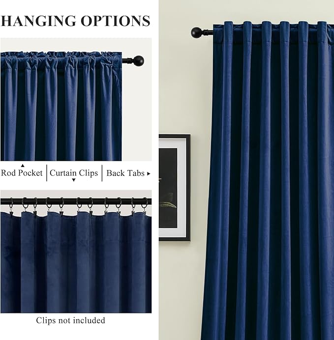 Navy Blue Velvet Blackout Curtains 96 Inches for Bedroom, Elegant Privacy Room Darkening Thermal Insulated Curtain Soft Luxury Window Drapes for Living Room,Back Tab Rod Pocket, W52 x L96, 2 Pcs