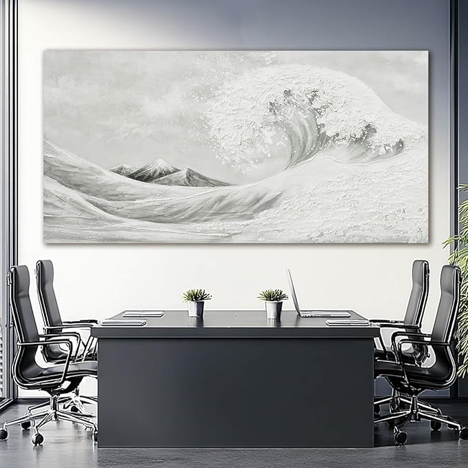 YETHEN WAL Textured Grey Wave Wall Art – Extra Large 3D Coastal Canvas, Neutral Minimalist Seascape for Living Room Bedroom, Hand-Painted Details, 29×58 Inch