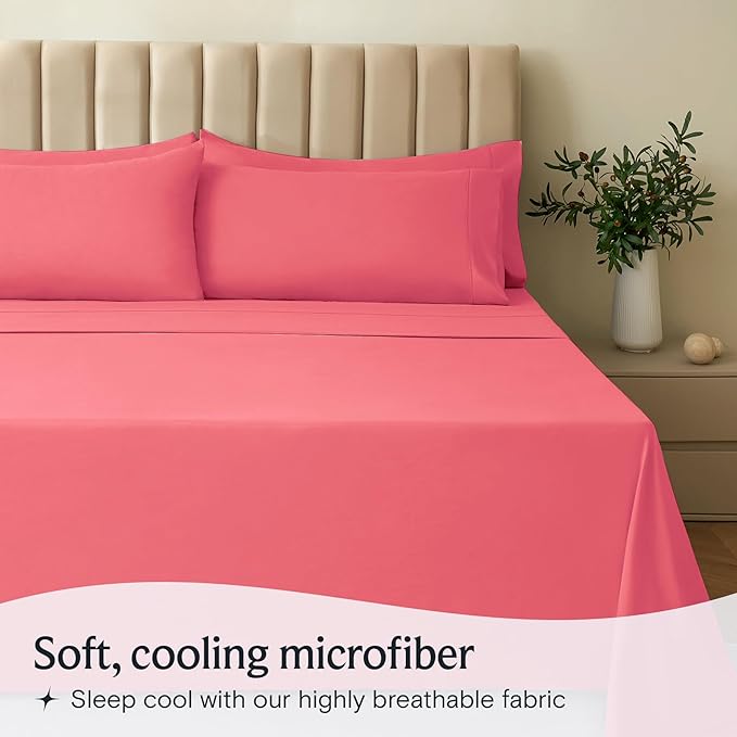 LuxClub 4 PC Sheet Set Bed Sheets Deep Pockets 16" Eco Friendly Wrinkle Free Cooling Machine Washable Hotel Bedding Silky Soft - Vermilion Queen