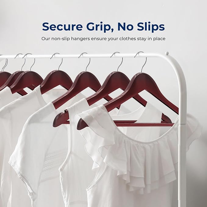 SereneLife 50-Pack Wooden Coat Hangers – Durable Suit Hangers with 360° Swivel Hook & Notches – Slim Design for Shirts, Jackets, Dresses, and More (Cherry)