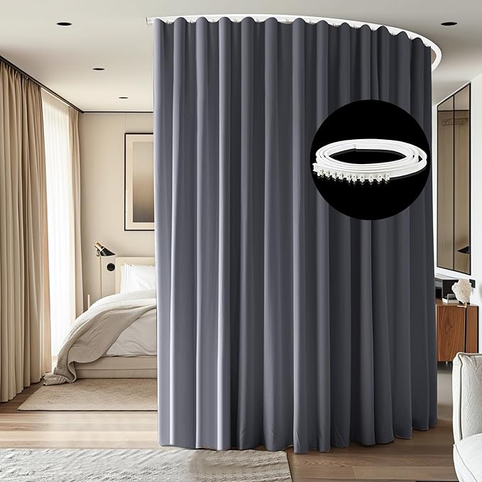 Room Divider Ceiling Mounted Curtains Track Sets Extra Wide Blackout Curtain Flexible Tracks for Bedroom Privacy Partition Separator, 1 Panel Grey Drape and White Rail, W15 x H7ft