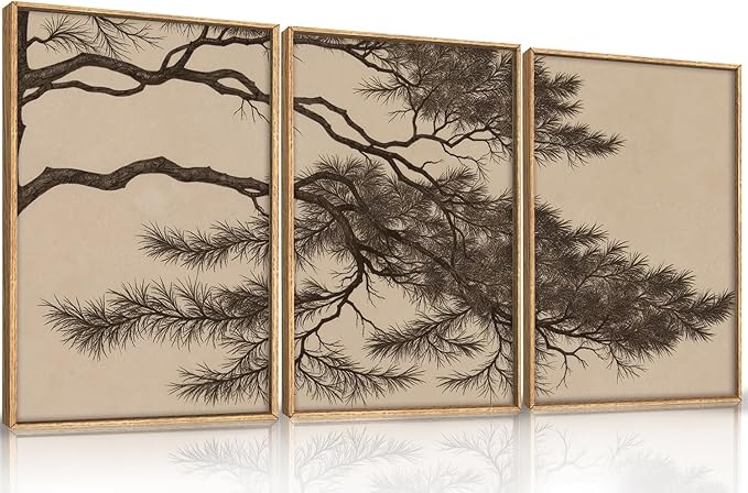 LHIUEM Large Vintage Pine Tree Branch Framed Canvas Wall Art,Sketch Botanical Wall Decor,Nature Plant Artwork,Brown Antique Etching Art Prints for Living Room,Bedroom,Office- 24"x36"x3