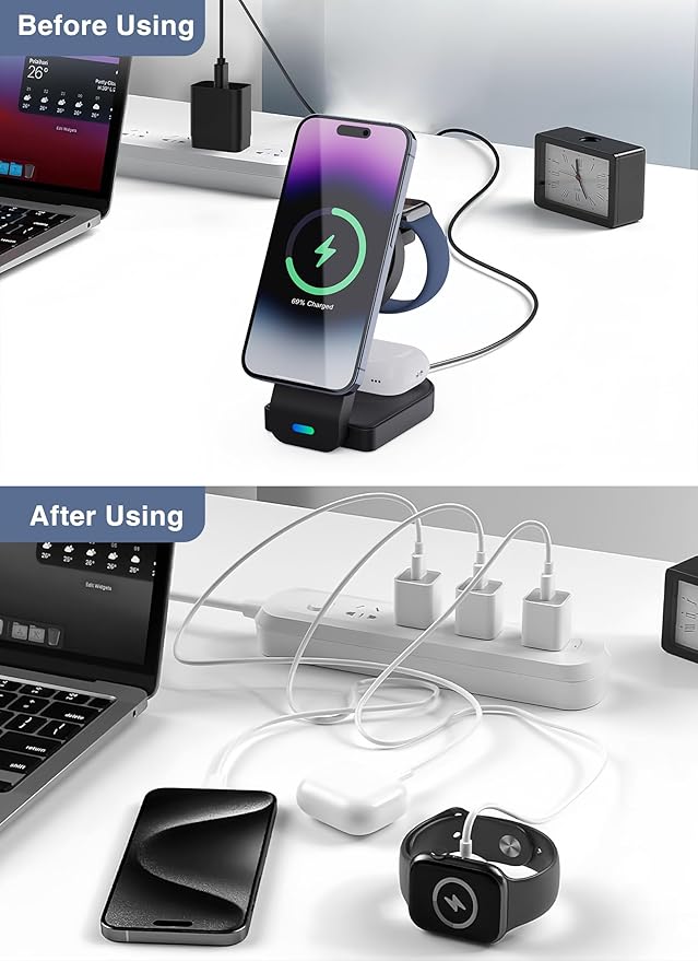 3-in-1 Charging Station for Apple MagSafe Charger, Foldable Wireless Charging Station Magnetic Charger Stand for iPhone 17 Air/16/15/14/13/12 Series/Apple Watch10-2/Airpods (Black)