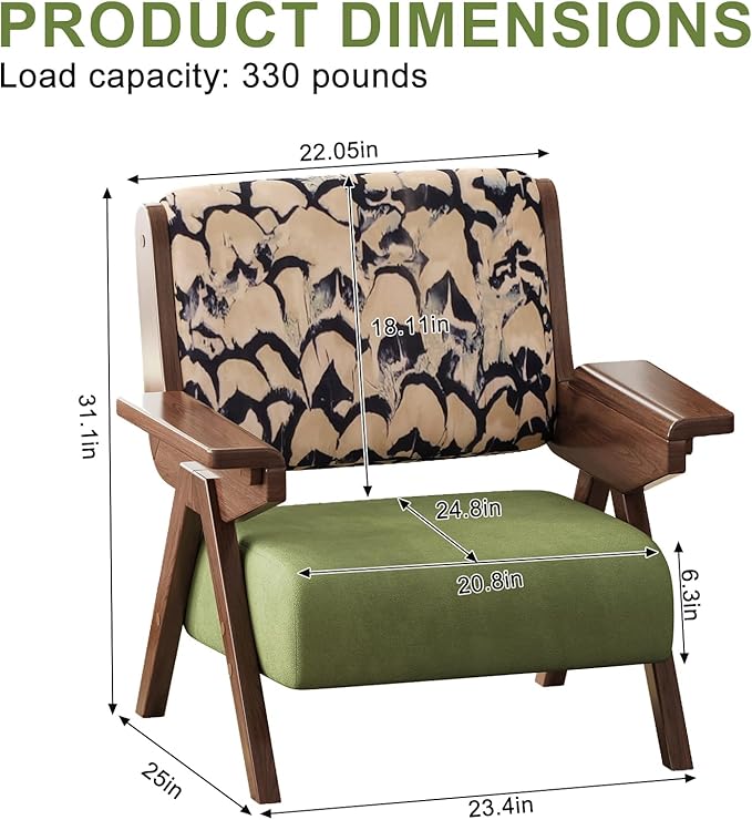 Mid Century Modern Accent Chair, Fabric Upholstered Lounge Arm Chair with Solid Wood Frame for Living Room, Bedroom, Office, Reading Corner (Feather Print, Set of 2)
