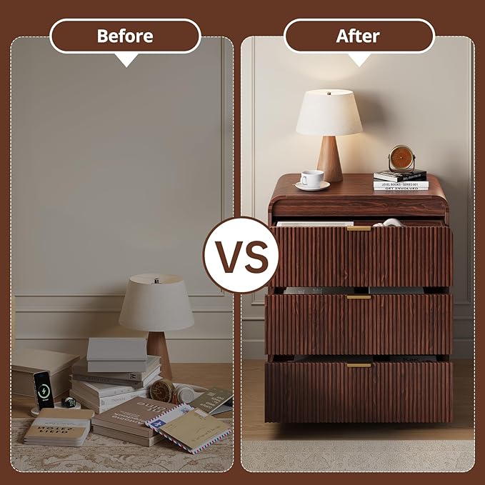 FURSUN 32" Tall Fluted Nightstand, 3 Drawers Wooden End Table w/Storage, Curved Profile Design, Modern Bedside Table for Bedroom, Dark Walnut