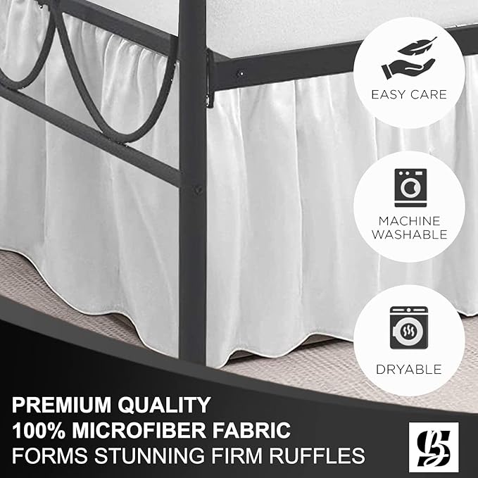 SKY BEDDINGS - King Size Ruffled Bed Skirt with Split Corners - 24 Inch Drop Dust Ruffle Bed Skirt with Platform Three Sided Coverage - 100% Microfiber, White