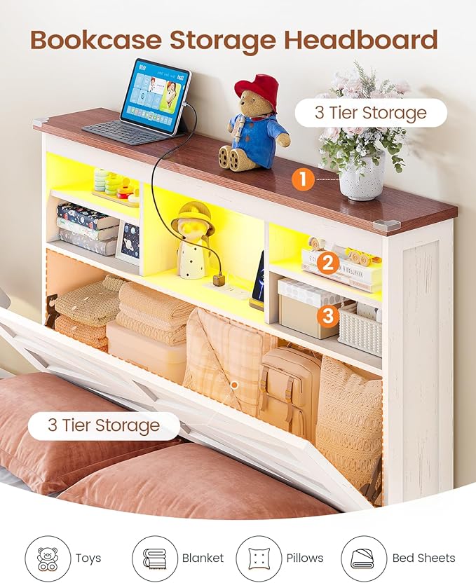 AOGLLATI Farmhouse Twin Bed Frame with Lift Up Storage & Hidden Bookcase Storage Headbord, Wood Bed Frame Twin with Charging Station, Led Lights, No Box Spring Needed, Antique White