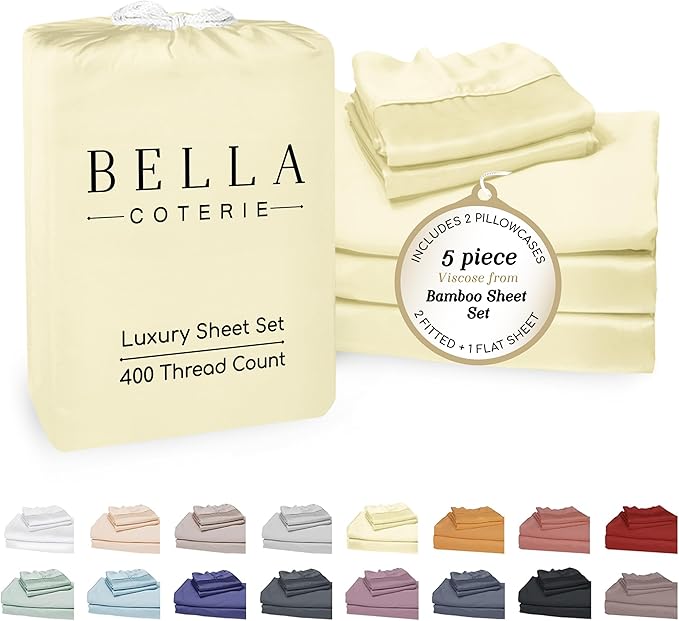Bella Coterie Luxury Bamboo Viscose Split King Size Sheet Set | 2 Fitted Sheets for Sleep Number & Adjustable Beds | 100% Organically Grown | Cooling & Ultra Soft | 18” Deep Pocket [Lemonade]