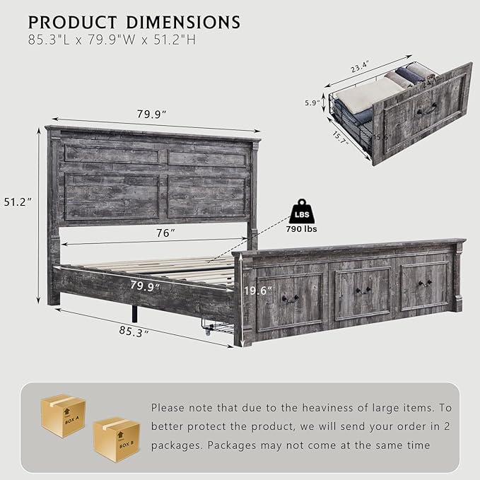 Farmhouse King Size Bed Frame with 51" Tall Headboard, Wood Platform Bed Frame with 20" Tall Roman Column Decoration Footboard & 3 Large Storage Drawers, No Box Spring Needed (Light Grey)