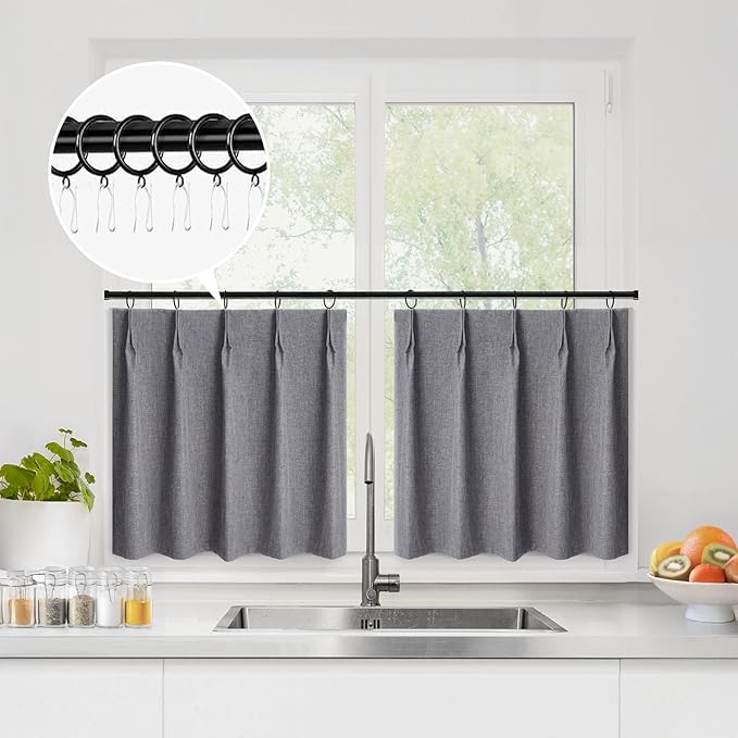 WdFour 24x30 Inch Pinch Pleated Blackout Cafe Curtains - Pack of 2, 100% Light Blocking Back Tab Drapes for Half Windows, Kitchen & Bathroom Short Curtains in Dark Gray
