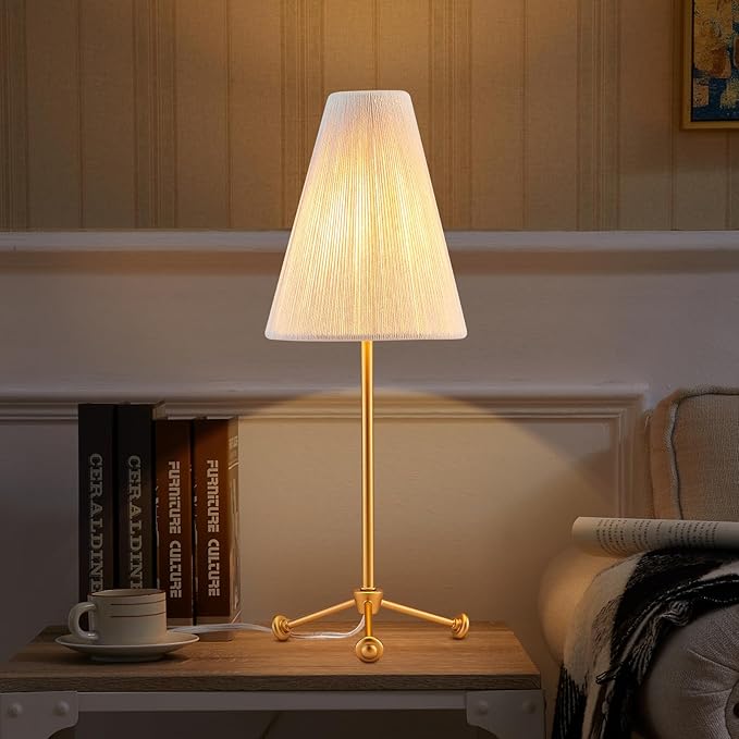 Small Minimalist Table Lamp for Bedroom, Cute Desk Lamp with Linen Rope Cone Lampshade, Boho Nightstand Lamp for Living Room, 1 Pack