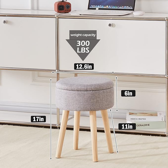Mxfurhawa Storage Ottoman Linen Round Vanity Stool Tray Top Modern Foot Stool with Wood Legs Multifunctional Upholstered Foot Ottoman Rest for Living Room, Bathroom, Makeup (Grey)