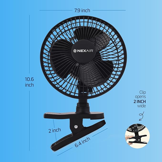NEXAIR 6-Inch Portable Desk or Clip-on Fan with Two Quiet Speeds - Small Personal Cooling Fan for Desk, Home, Bedroom and Office, 180° Adjustable Tilt up- down 360° Rotation, Strong wide Clamp Grip