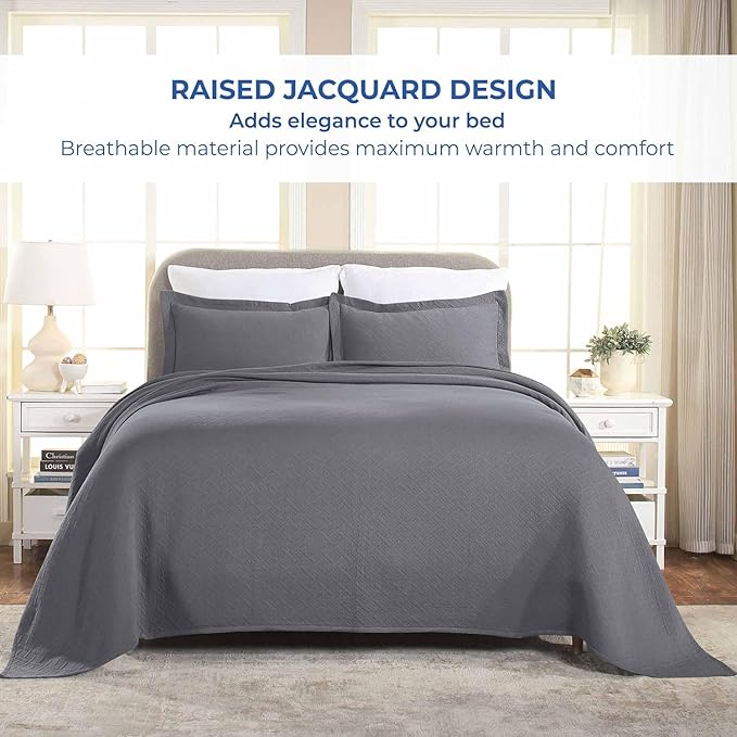 Superior 3 Piece Basketweave Cotton Bedspread Set, Home Bed Decor, Decorative Bed Spread, 2 Pillow Shams, Medium Weight Blanket, Matelasse Coverlet Bedding, Geometric Lattice Pattern, Full, Grey