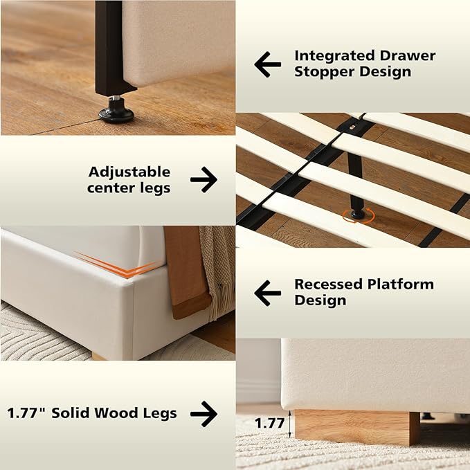 VELOCAVA Queen Size Upholstered Bed Frame with Extra Tall 71.5" 3D Geometric Headboard, Velvet-Like Fabric, 2 Storage Drawers, 30 Wood Slats, Adjustable Center Support, No Box Spring Needed, Beige