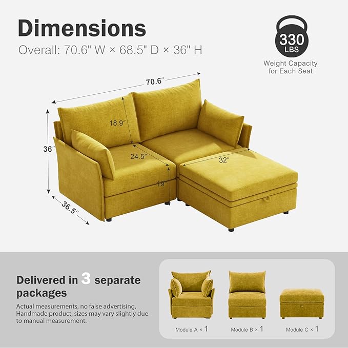 ABCASA Luxury Modular Sectional Sofa, L-Shaped 3-Seat Couch with Storage Ottoman Deep Seat & Reversible Chaise Lounge Chenille Yellow for Compact Spaces, Apartments, Dorm