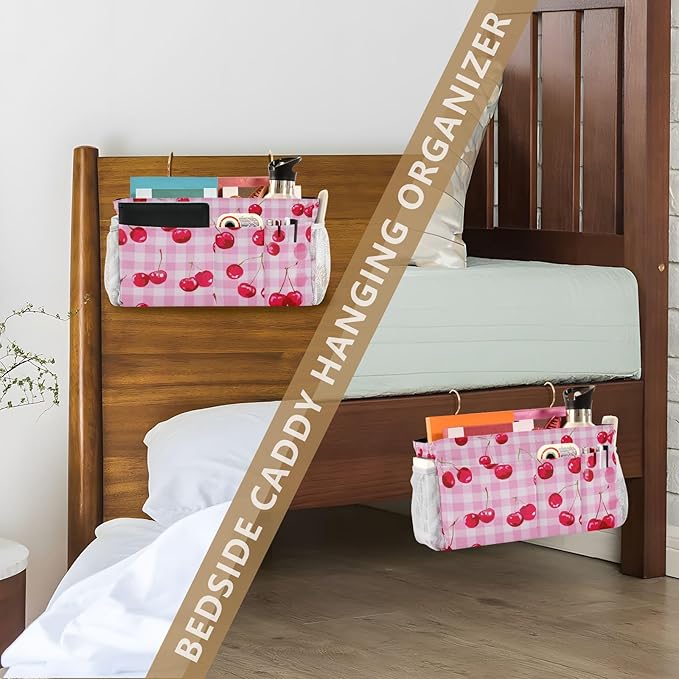 Bedside Caddy Hanging Bunk Bed Caddy Bed Organizer Hanging Pocket with 2 Hooks Bedside Storage Organizer Pocket Bag Holder Pink Juicy Checkered Cherry
