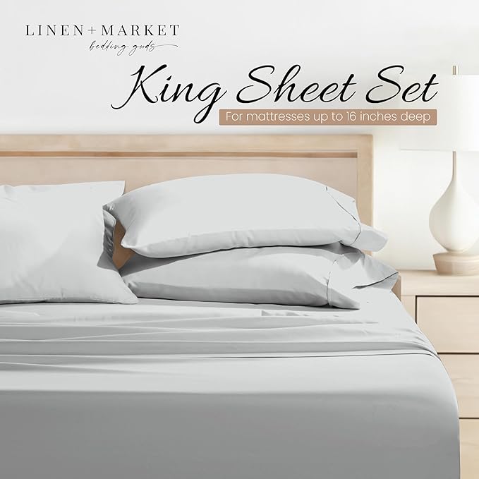 Linen Market Brushed Microfiber King Sheet Set 4 Piece – Oeko-TEX Certified Ultra Soft & Wrinkle-Free - 16" Deep Pocket Sheets - Easy Care King Size - Light Gray