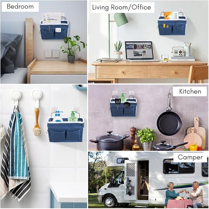 Kanrichu 2pcs Middle Wall Hanging Organizer Bag, Linen Fabric Door Hanging Storage Basket with Pockets, Waterproof Bin for Kitchen, Bedroom, Office, RV Camper (Blue)