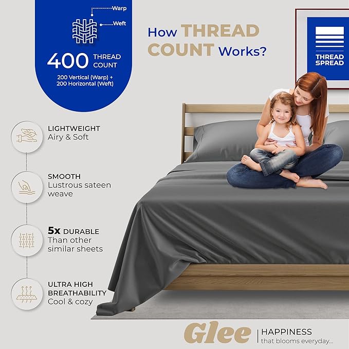 THREAD SPREAD 2-Pack Queen Size Sheets Set - 400 Thread Count 100% Cotton Sateen Weave - Extra Soft, Breathable, Hotel Quality Cooling Sheets, 2 Sets of Queen Size Deep Pocket Bed Sheets (Dark Grey)