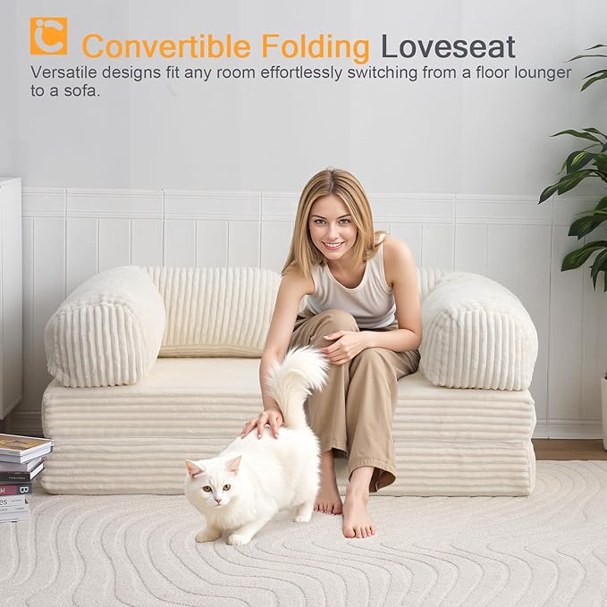 COMAX Folding Sofa Bed Queen, Foldable Couch Bed, Fold Out Futon Chair Sleeper for Adults, Convertible Floor Mattress Sofa for Bedrooom Living Room Guest Room, Faux Fur Light Beige