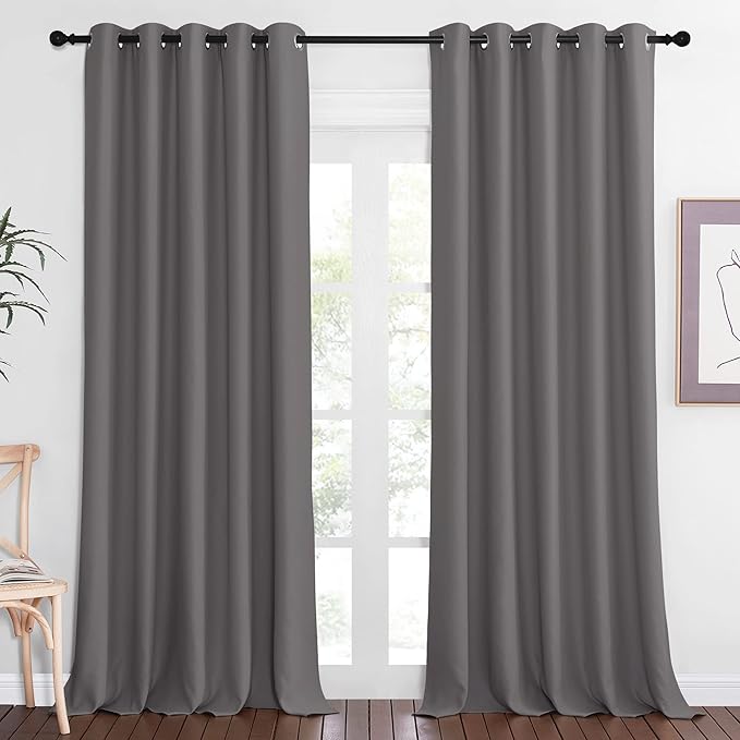 NICETOWN Blackout Grey Curtains Panel for Doorway Room Darkening - Noise Reducing Thermal Insulated Solid Ring Top Blackout Window Drapes for Farmhouse (1 Panel, 66 x 90 Inch, Gray)