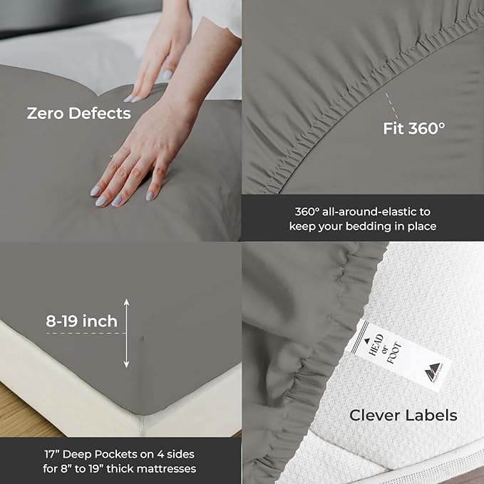 Mayfair Linen 100% Egyptian Cotton Queen Sheets Set - 2000 Series Luxury Sheets Queen Size Bed Set, Soft & Cooling, Sateen Weave 17" Extra Deep Pocket Hotel Collection Sheet (4 Pc, Dark Grey)