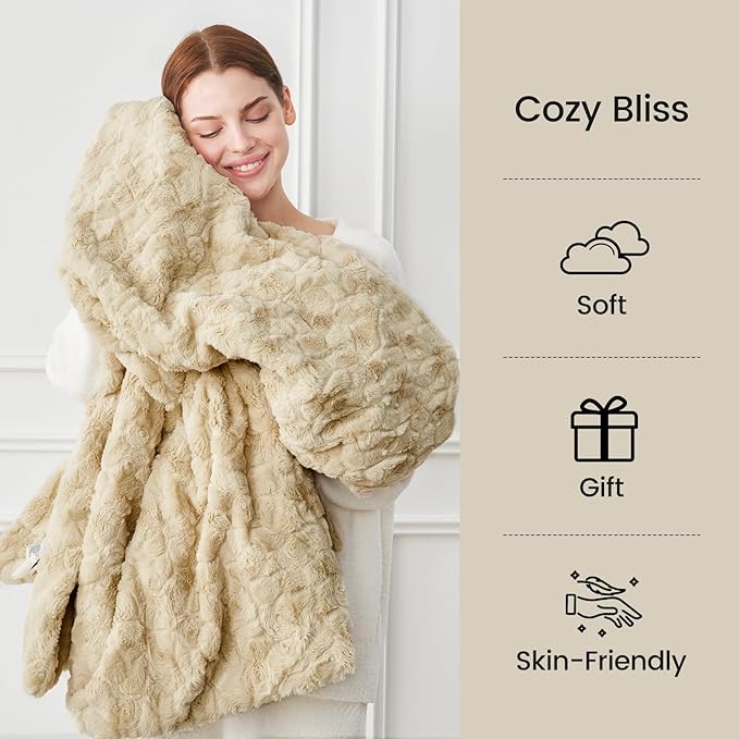 Cozy Bliss Faux Fur Throw Blanket for Couch, Fuzzy Soft Plush Thick Warm Fluffy Reversible Wave Textured Blanket for Sofa Bedroom Living Room, 55 * 70 Inches Khaki