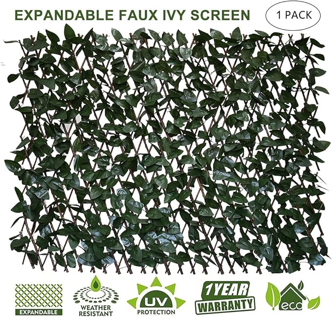 GLANT Expandable Fence Privacy Screen for Balcony Patio Outdoor,Decorative Faux Ivy Fencing Panel,Artificial Hedges (Single Sided Leaves) (1, Dark Green)