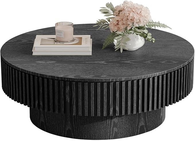 LKTART Round Coffee Table for Living Room, Accent Fluted Drum Coffee Table with Storage, Modern Solid Wood Veneered Circle Center Tea Table for Small Space Apartment (39.4''D×14''H-Black)