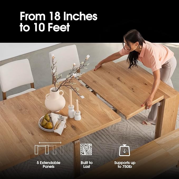 Transformer Table - Solid Wood Extendable Dining Table with 2 Benches, Seats 2-12, Extendable Table, Space-Saving Furniture, Expandable Furniture, Scandinavian Oak, Natural Finish (Table + 2 Benches)