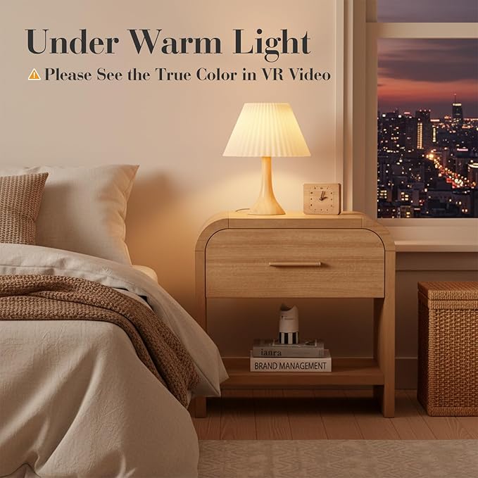 Night Stand [Unique Curved Profile] [FSC-Certified Wooden Board] 1-Drawer and 1 Storage Shelf Nightstand 24" H Metal Handle Modern Bedside Table Side Table End Table