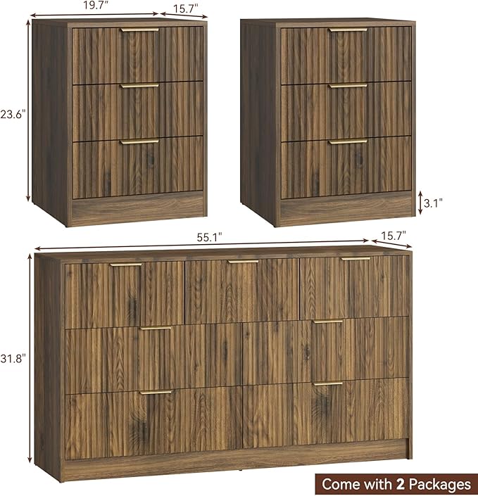 7 Drawer Dresser & Nightstand Set, 3-Piece Fluted Bedroom Dresser and Night Stand Set of 2 with Metal Handle, Modern Wood Chest of Drawers Storage Dressers Set for Bedroom, Walnut